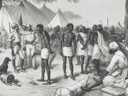 An illustration depicting the slave trade in West Africa during the British colonial era, 1877