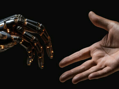 Mano robotica a intelligenza artificiale vicino a una mano umana