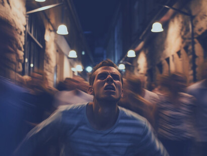 As the crowd rushes past him, he's trapped in his own panic, echoing the disorientation felt by countless individuals during the financial collapse, where trust in institutions and dreams of security evaporated in an instant