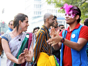 Participants march in a gay pride parade in Delhi, India, in 2013, celebrating queer identity and LGBTQ+ rights