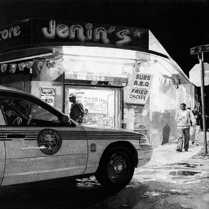 Jerome Soimaud, Around Jenin's, charcoal & graphite on canvas, 36 x 36 inches, 2009. Courtesy Yeelen Gallery