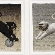 Carol Mothner, Dragon Dog I & Dragon Dog VII (diptych), 2012, Mixed media on paper, 4.5 x 7.5 in. Courtesy of LewAllen Galleries