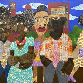 Evita Tezeno, The Rhythm of Street Life, 2023, mixed media collage and acrylic on canvas, 48x72x1.5 inches. Courtesy of the artist and Luis De Jesus, LA
