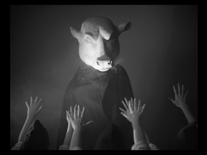 Marcel Dzama, Still for“Une danse des bouffons (or A jester’s dance)”, 2013, Video projection, 1:18 min, black and white, sound. Courtesy David Zwirner, New York/London