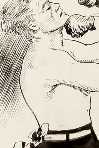 Caricatura de Tad Dorgan prediciendo una pelea entre Jack Demspey y George Carpentier en 1921