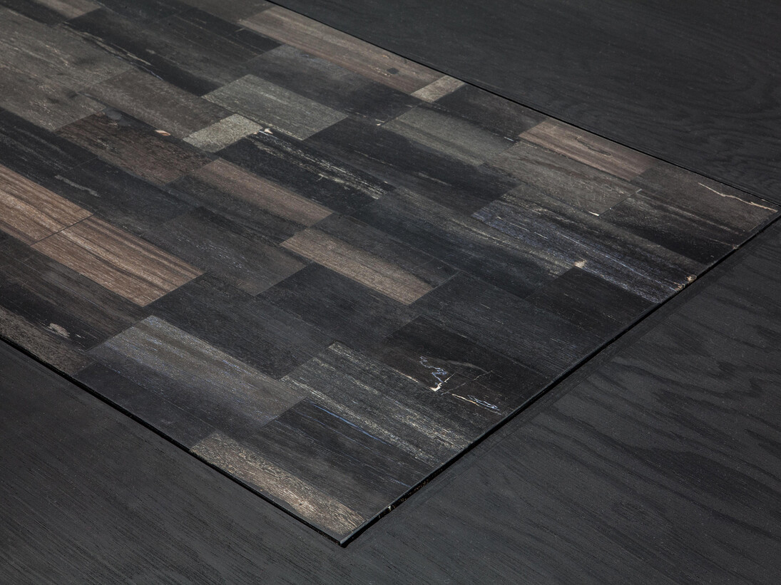 Rick Owens, Plug Table (petrified wood), 2012, petrified wood, black plywood, h77 l360 w115 cm / h30.3 l141.7 w45.3 in, limited edition of 4 + 2 ap, Courtesy of Carpenters Workshop Gallery 