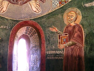 Ciclo della vita di Sant'Eldrado, qui alla base dell'affresco che ritrae il Cristo Pantocratore assieme a san Nicola. Cappella di San Eldrado, abbazia dei Santi Pietro e Andrea, meglio nota come abbazia di (o della) Novalesa, Italia