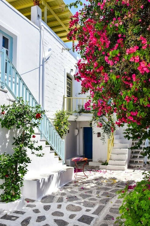 The picturesque stone pathway stretches under the brilliant bougainvillea blooms, creating a stunning scene in Naxos, Greece