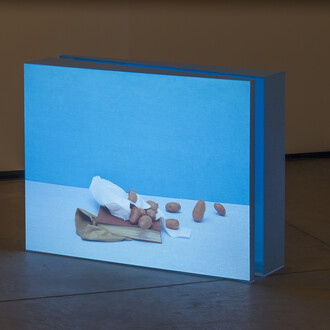 Rodrigo Cass, Material Abstrahere, 2014, Projeçăo de vídeo sobre linho, áudio, 70 x 93 x 20 cm (cada), Ediçăo de 5. Photo: Eduardo Ortega, Cortesia Galeria Fortes Vilaça  