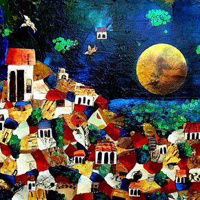 Katherine Camargo, Angels in the Sky, Acrylic & Collage on Canvas, 19.5" x 31.5"