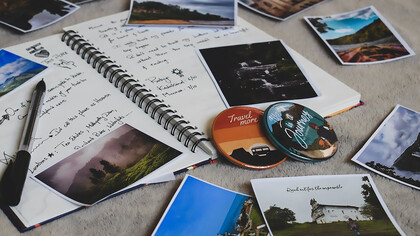 A curated collection of captivating snapshots intertwines seamlessly with the intimate musings found within the pages of a cherished notebook