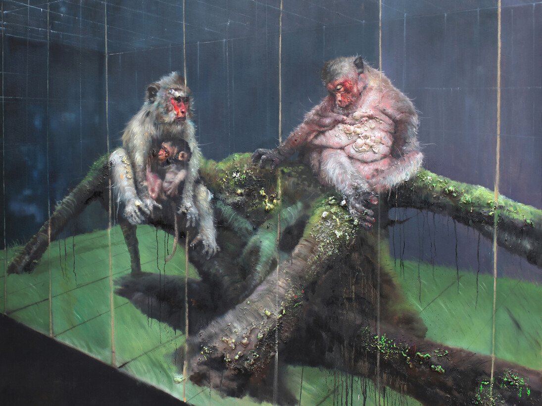 Li Tianbing, Monkey family inside the space, 2014, Oil on canvas, 198.12 x 198.12 x 7 cm; 78 x 78 in.