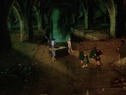 I piccoli si uniscono ai grandi, il bastone di Gandalf combatte fianco a fianco con il martello di Gimli e l’arco di Legolas. La Compagnia dell'anello. Immagine tratta da un segmento del film animato "Il signore degli anelli" del 1978