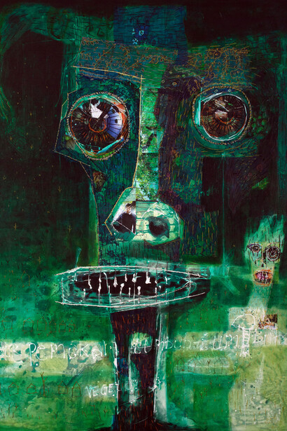 Gatot Pujiarto, Vegetarian (Pemakan Tumbuh-Tumbuhan), 2015, Magazine paper, acrylic and thread on canvas, 200 x 150 cm; 78 3/4 x 59 in.