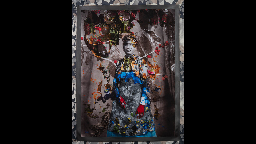 Renluka Maharaj, Zahra and Her Dragon, 2023, pigmented ink print, acrylic paint, acrylic markers, thread, fabric on canvas with bamboo pole, 63x48 inches. Courtesy the artist and Welancora Gallery