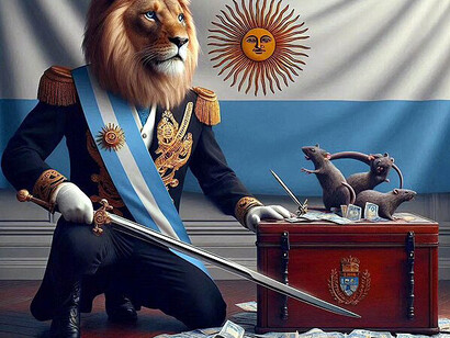 An AI image depicting a humanlike lion guarding a chest