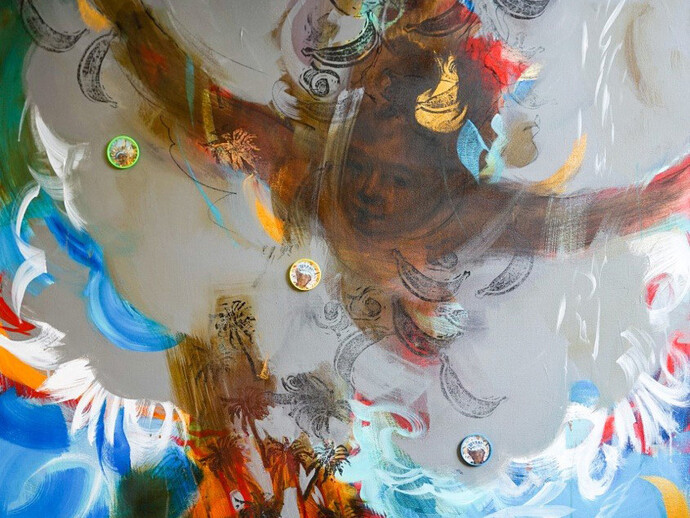 Scherezade García, "De isla a isla," 2015 (detail). 72" x 48". Acrylic, charcoal, paint on canvas. Courtesy of The National Museum of Mexican Art in Chicago
