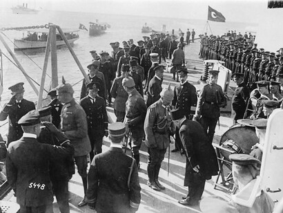 Kaiser Wilhelm II visiting Yavuz during his stay in Constantinople in October 1917 as a guest of Sultan Mehmed V, his ally in World War I