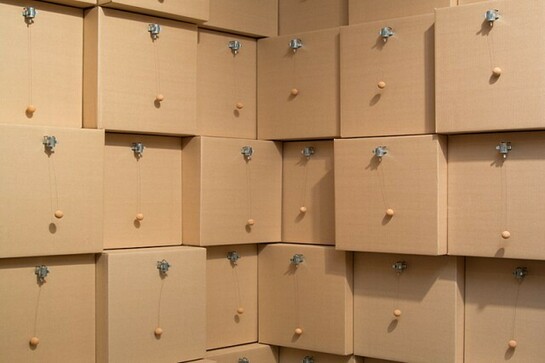 Zimoun, 605 prepared dc-motors, cardboard boxes. Courtesy of Galleria Civica di Modena