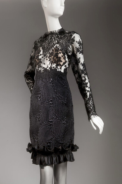 James Galanos, Dress, 1987. Lace, silk matelassé and silk taffeta. Gift of Mr. James G. Galanos. Photo by Ken Howie.
