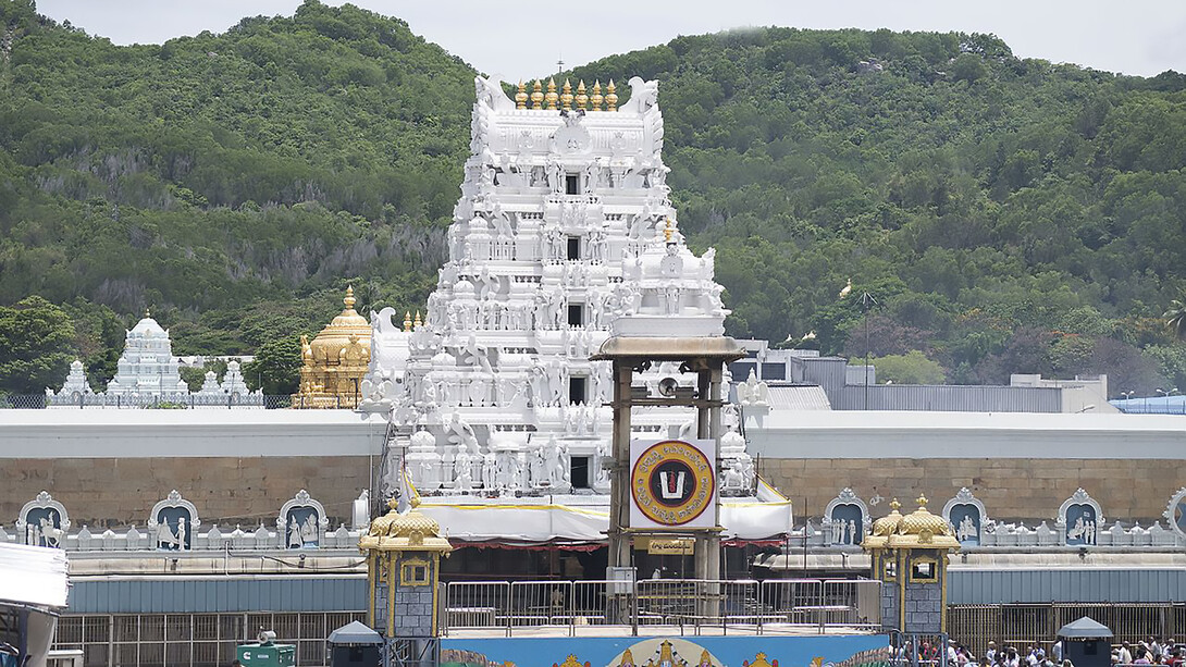 Facade of Tirumala Venkateshwar garbhagriha in the background, India