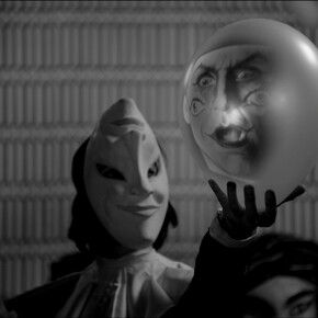 Marcel Dzama, Still for“Une danse des bouffons (or A jester’s dance)”, 2013, Video projection, 1:18 min, black and white, sound. Courtesy David Zwirner, New York/London