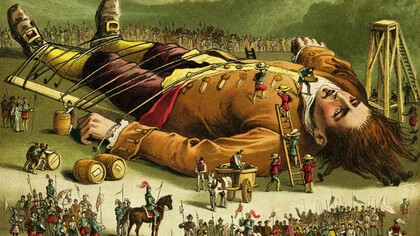 A painting portraying Gulliver being tied up by the island people of Lilliput