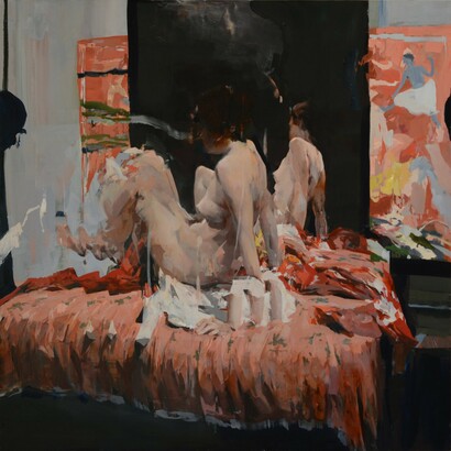 Alex Kanevsky, Model with mirror and Mughal tapestry (detail), 2025. Courtesy of Dolby Chadwick Gallery