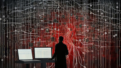 A hacker surrounded by streams of data, symbolizing the ongoing battle in cyber warfare and the critical role of cybersecurity
