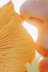 A woman smelling a delectable and fragrant brown mushroom