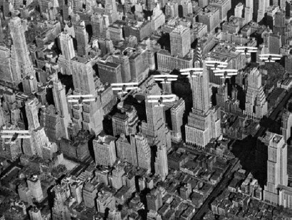 Unitd States Army Air Corp biplanes flying in formation over midtown Manhattan and the recently completed Chrysler Building, New York, New York, early 1930s. (Photo by International News Photos/Underwood Archives/Getty Images)
