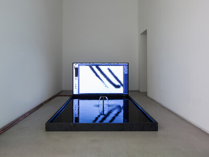 Florian Meisenberg, Being blonde with insufficient funds, 2014, copper tubes, steal strings, metal and plastic fiber, 70 inches television and water, Edition: N/A. Courtesy of Mendes Wood DM, São Paulo