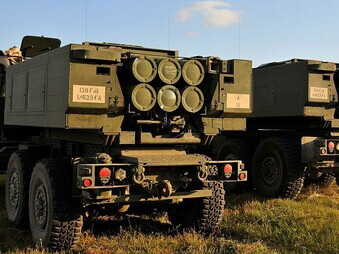 The M142 High Mobility Artillery Rocket System (HIMARS) fires during Saber Strike 18, a NATO-led military exercise