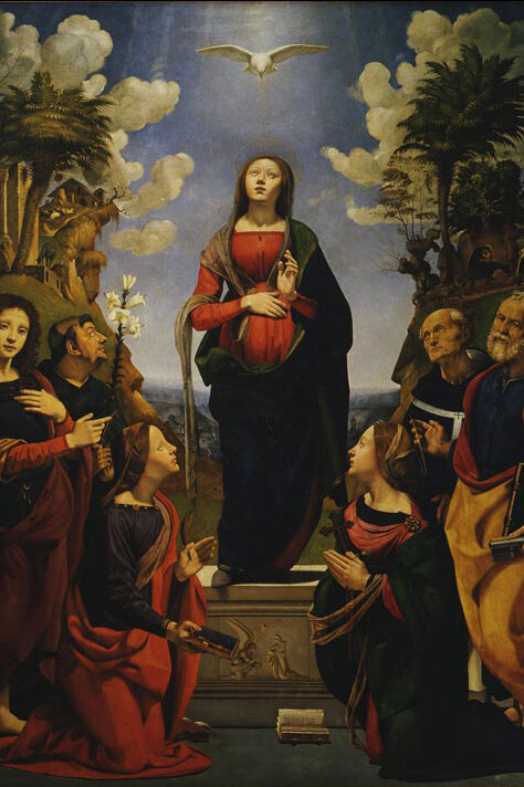 Piero di Cosimo, Immacolata Concezione, San Giovanni Evangelista, San Filippo, Santa Caterina d'Alessandria, Santa Margherita d'Antiochia, Sant'Antonino e San Pietro, particolare, Firenze, Galleria degli Uffizi