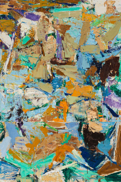 Tom Robinson, Hangs on the Fiat (detail), 2023, olio su panello, 180x146, Messum's, London