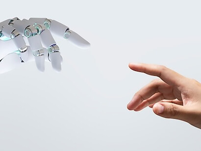 Illustration of a robot engaging in a handshake with a human, set against a background that signifies the ongoing digital transformation in artificial intelligence