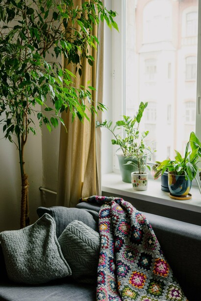 Um sofá próximo à janela divide o espaço com plantas e outros elementos decorativos, aproveitando a entrada de luz natural. É nesse tipo de ambiente que a casa deixa de ser apenas uma composição estética e passa a revelar formas particulares de viver, sentir e acolher