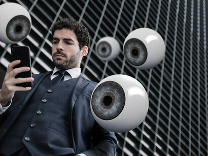 An individual is outside, encircled by symbolic eyes, illustrating the critical themes of AI surveillance, data privacy issues, and the principles of Crime Prevention Through Environmental Design