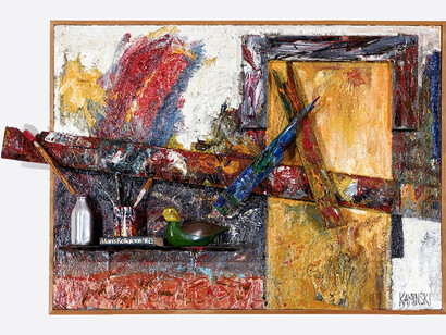 Ken Kaminski, Man's Religions, Oil and found objects on mahogany, 50" x 77", 1987-2011