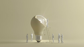 Multi-stakeholder initiatives amidst the backdrop of globalization and transnational challenges, depicted through human figurines using a ladder to reach a cracked, lit lightbulb