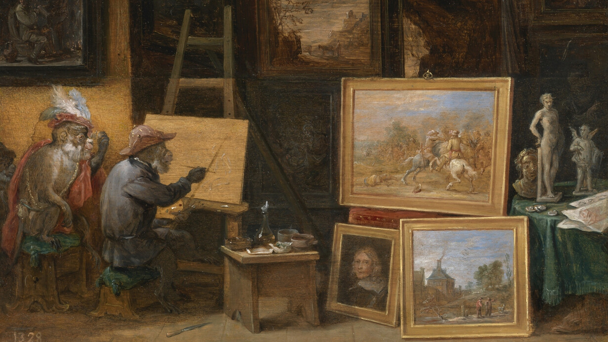 David Teniers, El mono escultor, hacia 1660. Cortesía del Museo Nacional del Prado