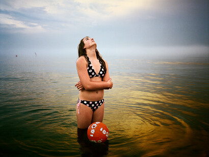 Melissa Ann Pinney, Lake Michigan, August, 2009; printed 2011, From the series “Girl Ascending”, Archival ink pigment print from scanned color negative, ed. 3/10, 30 x 37 1/8 inches, Gift of Jeanne and Richard S. Press, Image courtesy of the artist
