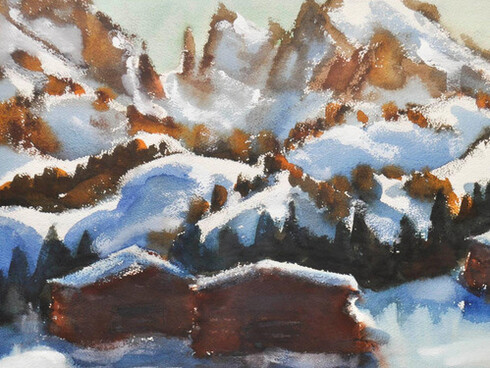 Lang- e Plattkofel: montagne iconiche che svettano dalla Seiser Alm, raffigurate ripetutamente in paesaggi alpin. Qui rappresentate in un acquerello di Hubert Mumelter, "Seiser Alm mit Lang- und Plattkofel"