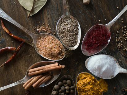 Saffron, cumin, cinnamon and turmeric spices that are key ingredients in Moroccan meals