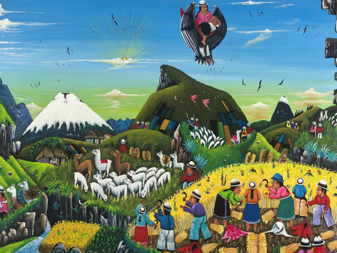 Tigua, Arte desde el centro del Mundo, Cosecha de cebada en minga y pastoreo en los Andes del pueblo kichwa. Fotos: Juan Robles Picón/MNA
