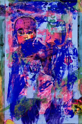 Jennifer Sullivan, Past Lives, 2015, Gouache, ink, charcoal, house paint, and collage on paper, 38 x 24 inches