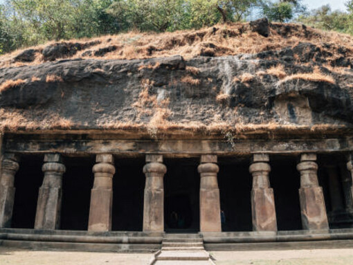 The historical architecture of the Elephanta Caves on Elephanta Island, or Gharapuri, in Mumbai Harbour, India