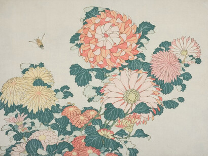 "Chrysanthemums and Bee" is part of an untitled series of large flower prints created by the Japanese artist Katsushika Hokusai (1760–1849) around 1831–33