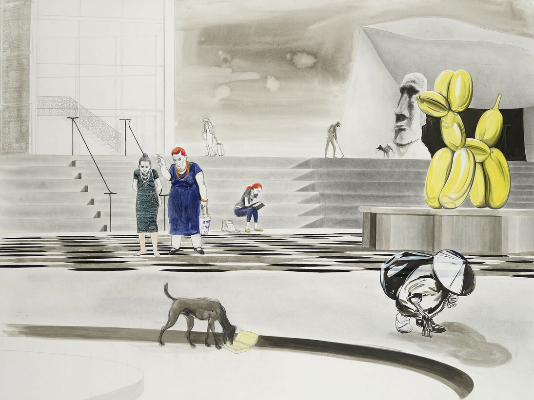 Charles Avery Untitled (Two ladies walking in the Octagon of the Noumenon), 2013-2014 Pencil, ink, acrylic and gouache on paper mounted on linen 98.5 x 129 cm Private Collection, London