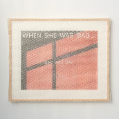 Tammi Campbell, “When She Was Bad... She 
Was Bad” Framed, with Bubble Wrap and Packing Tape, 2024. Pastel on paper, woodframe, plexiglass, and acrylic, 30 x 36 in. Courtesy of the artist and Anat Ebgi, Los Angeles / New York